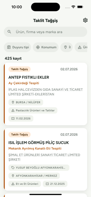 Taklit Tağşiş uygulamasının duyuru listesi ekranı